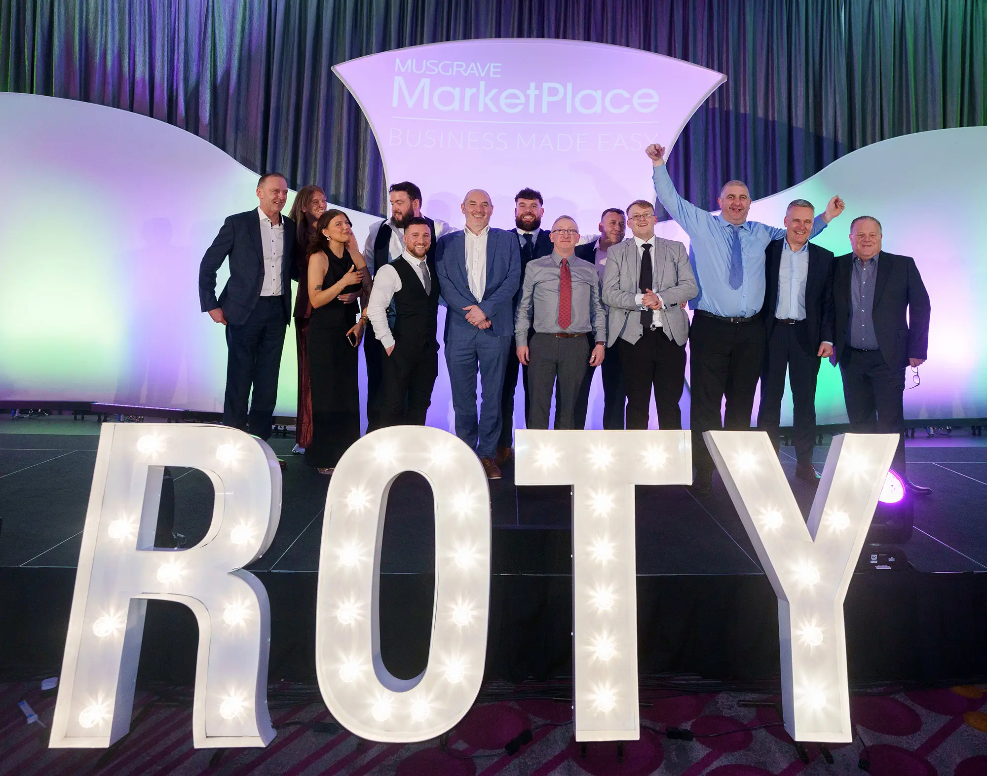 Musgrave MarketPlace Limerick team celebrate on stage after being named 'Region of the Year' at the Musgrave MarketPlace Region of the Year Awards, January 2026.